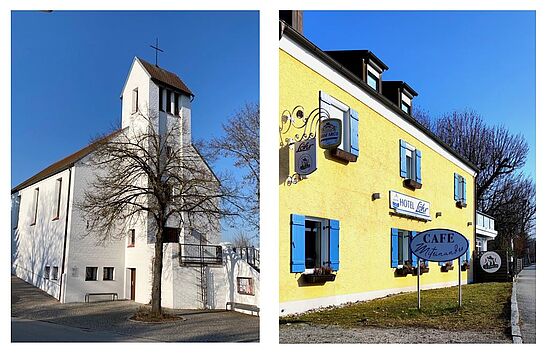 Kirche und Wirtshaus:
Evangelische Friedenskirche und Hotel Löhr, Cafe Miteinander & Cantina La Familia in 
Landau an der Isar
